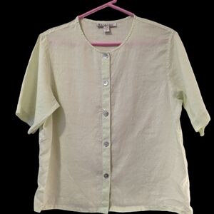 💚 Lime Linen Karavan Womens blouse button up top shirt MOP Loose fit